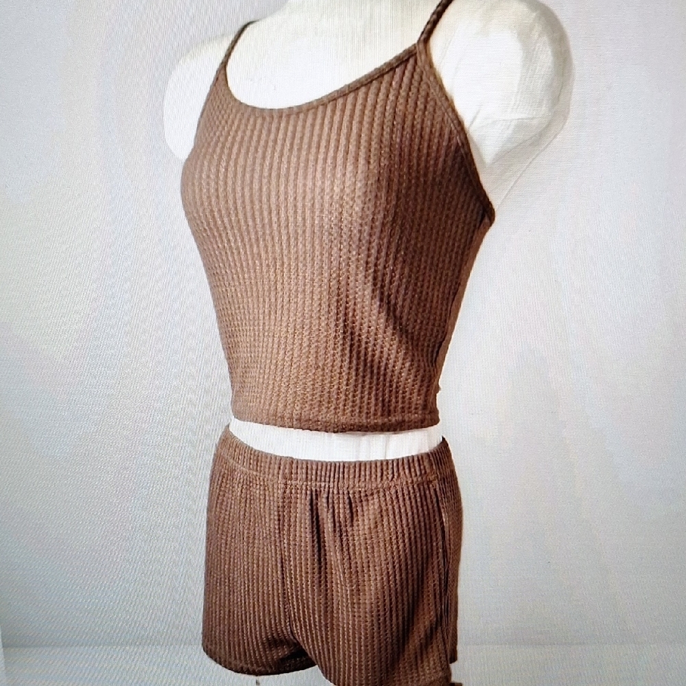 Brown Ribbed Pajama Set with Spaghetti Straps
